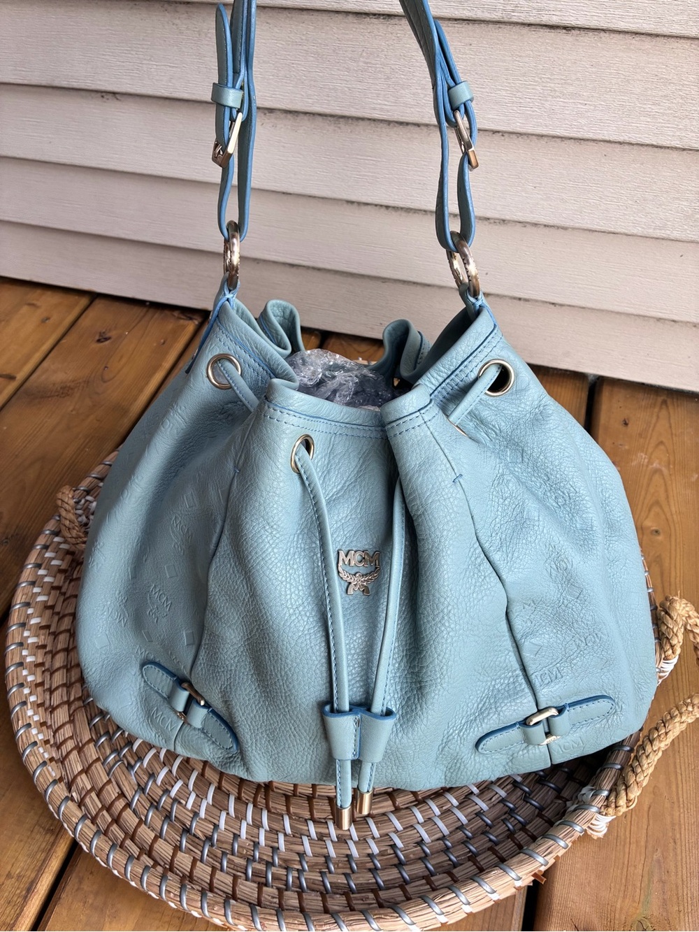 MCM Light Blue Leather Drawstring Shoulder Bag